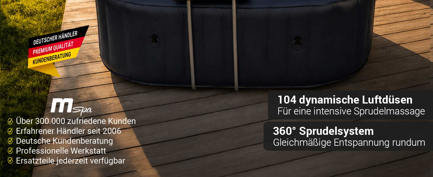 Detailansicht eines aufblasbaren Whirlpools auf einer Terrasse. Hervorgehoben werden 104 dynamische Luftd&uuml;sen f&uuml;r eine intensive Sprudelmassage sowie das 360&deg;-Sprudelsystem f&uuml;r gleichm&auml;&szlig;ige Entspannung rundum.